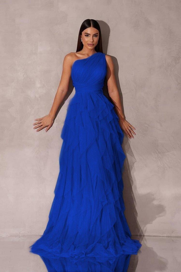 One Shoulder Sleeveless Long Evening Formal Dress With Tulle Ruffle