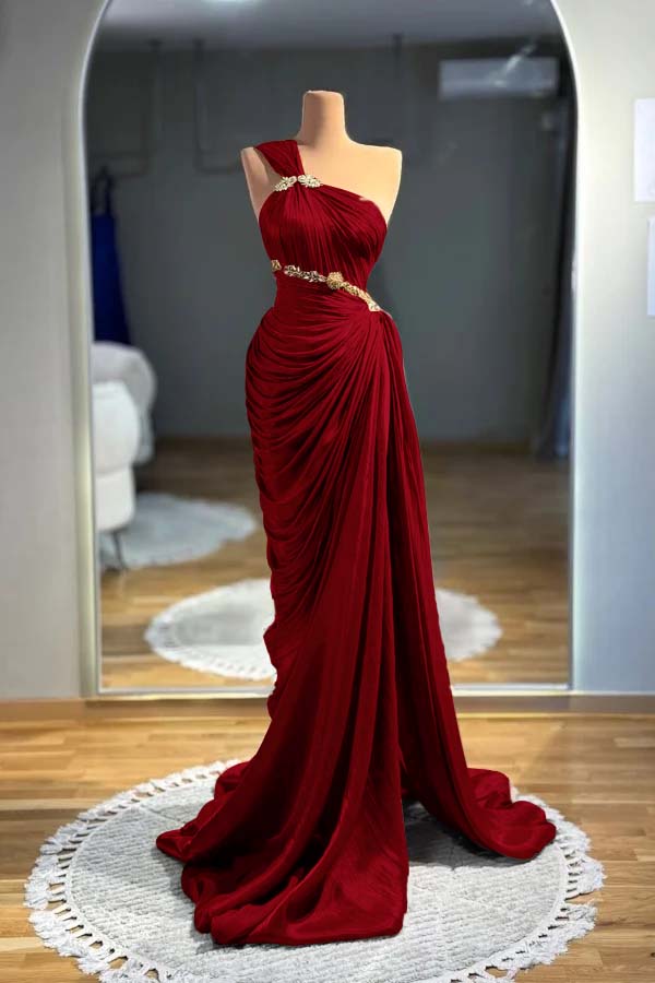 One Shoulder Sleeveless Long Mermaid Evening Formal Dress With Pleated