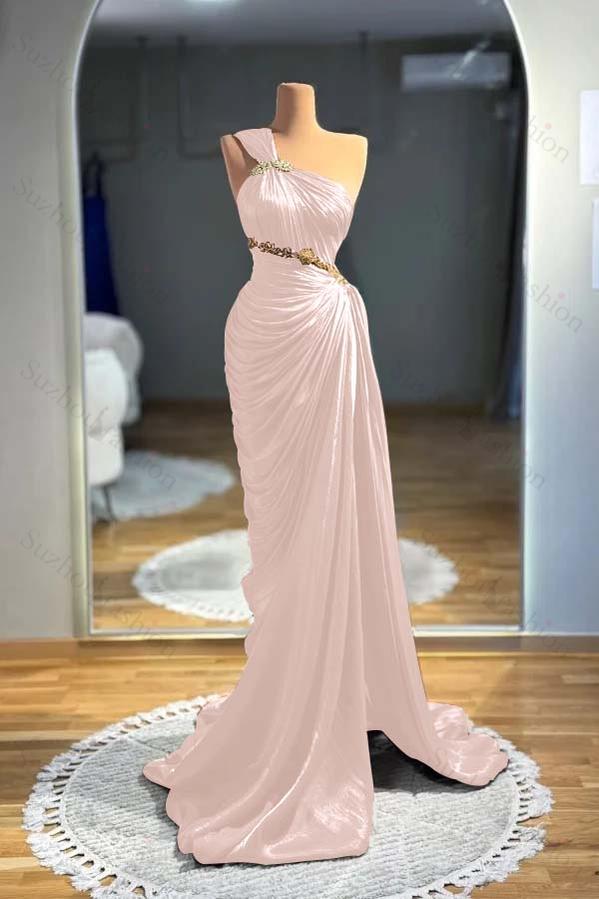 One Shoulder Sleeveless Long Mermaid Evening Formal Dress With Pleated