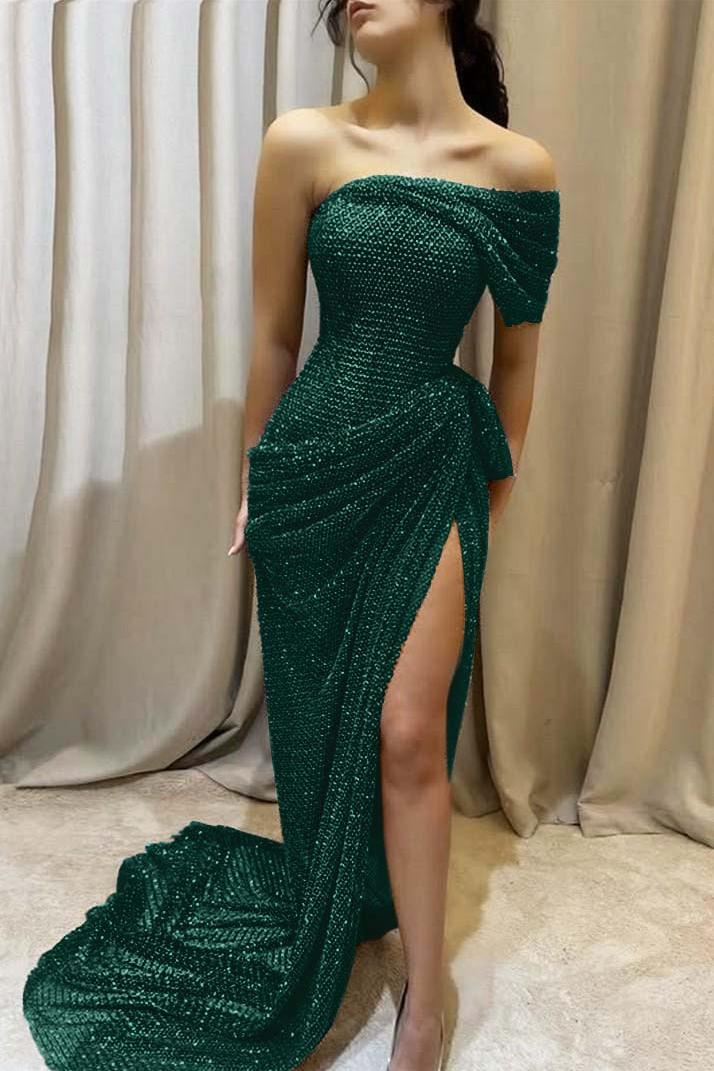 One Shoulder Sleeveless Long Mermaid Evening Formal Dress With Split Pleated