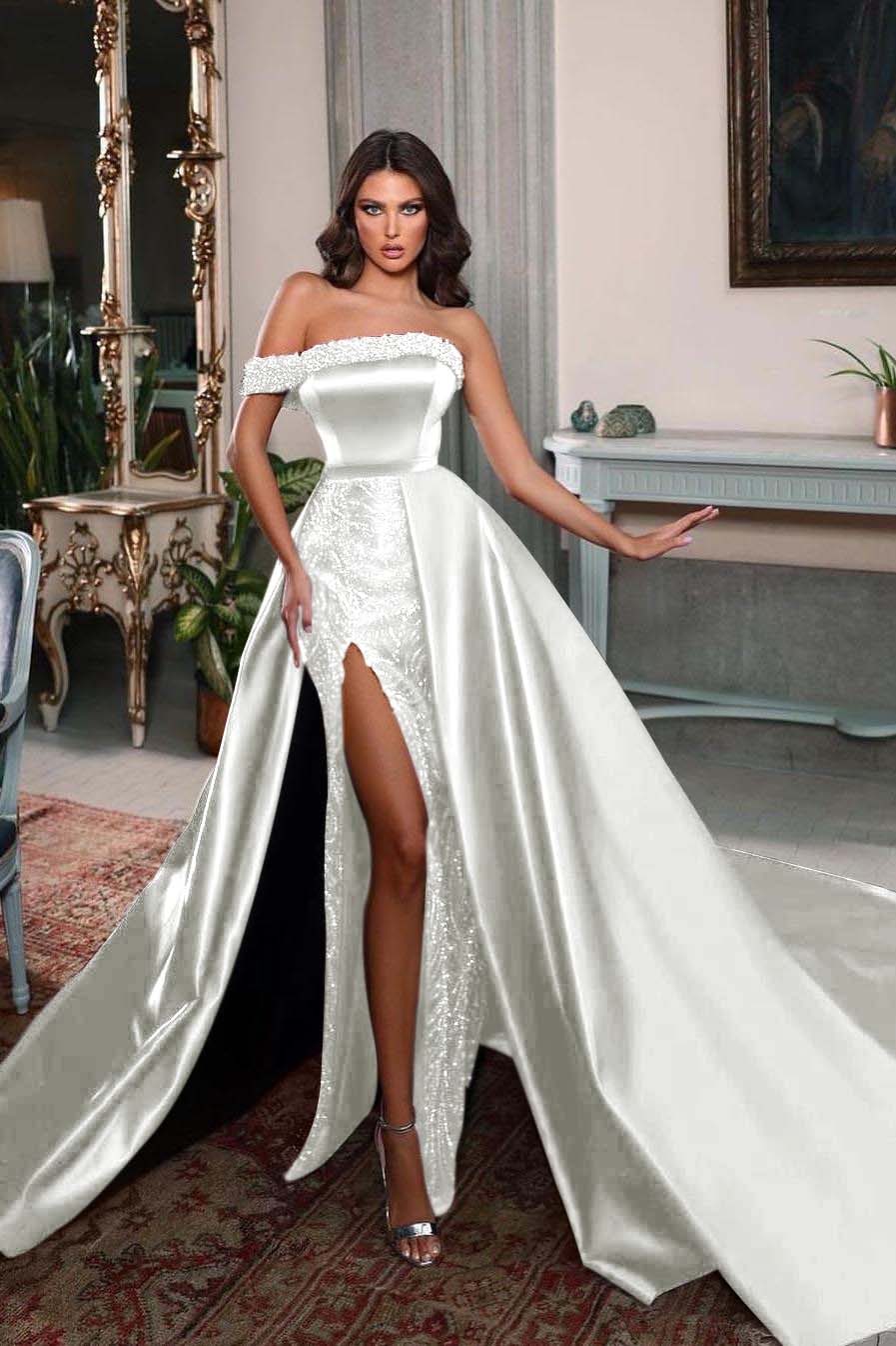 One Shoulder Sleeveless Long Split Evening Formal Dress With Pleated Beading
