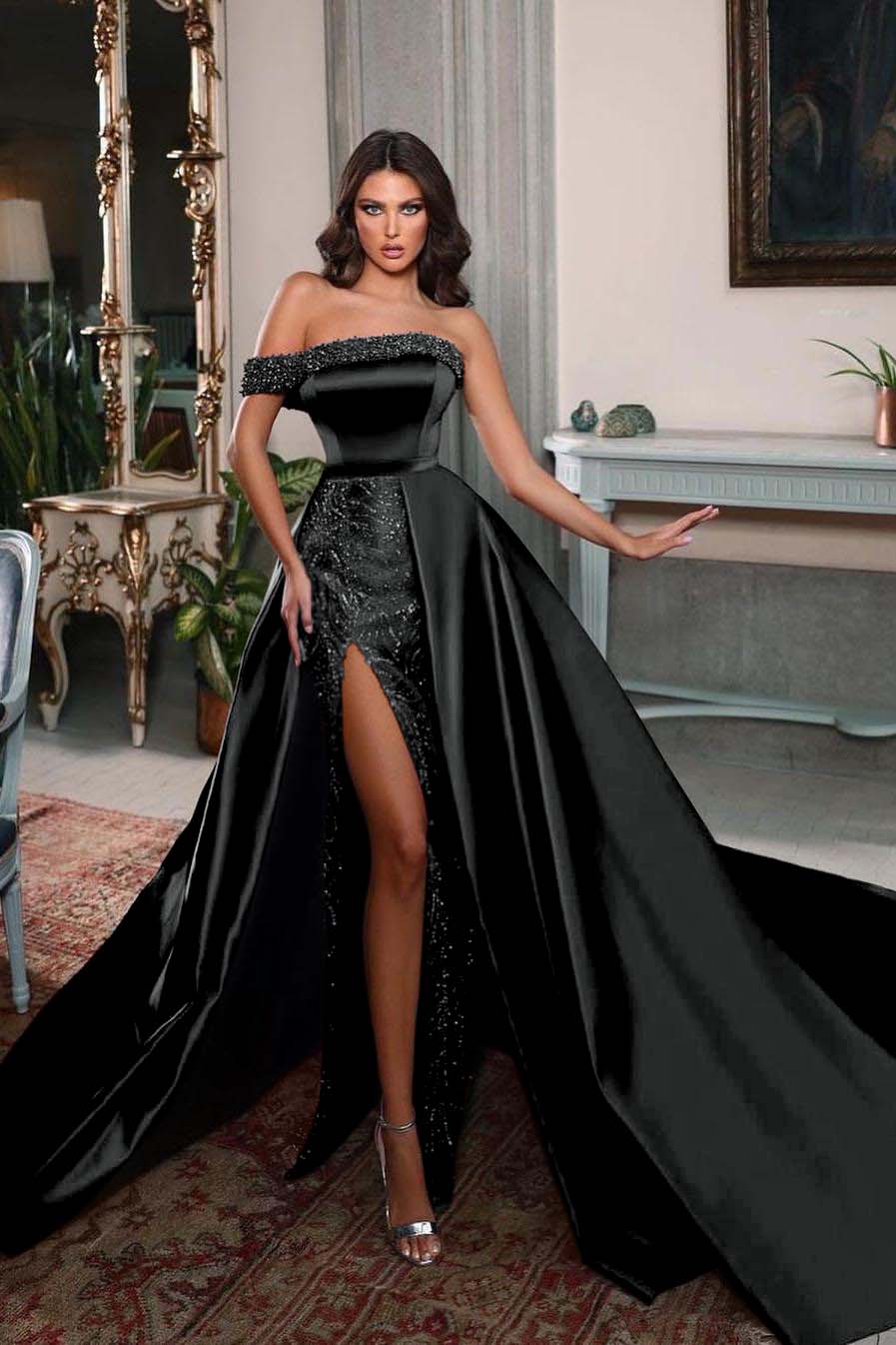 One Shoulder Sleeveless Long Split Evening Formal Dress With Pleated Beading