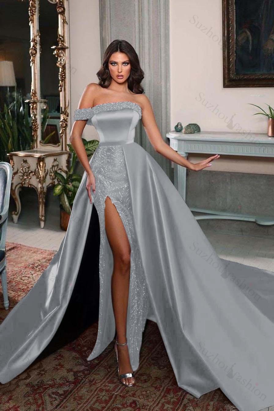 One Shoulder Sleeveless Long Split Evening Formal Dress With Pleated Beading