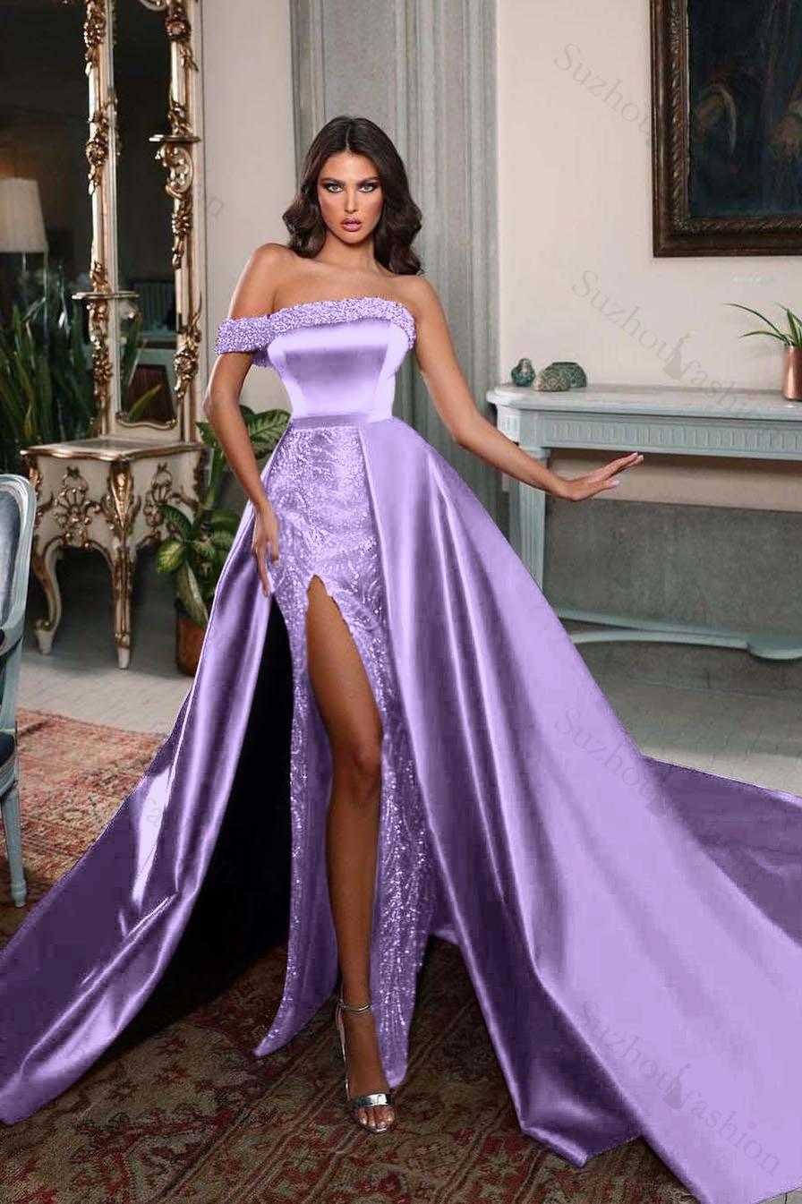 One Shoulder Sleeveless Long Split Evening Formal Dress With Pleated Beading