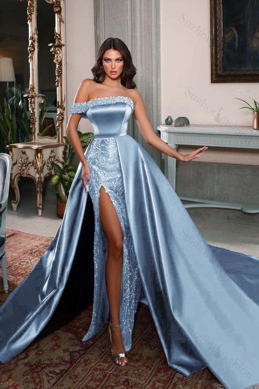 One Shoulder Sleeveless Long Split Evening Formal Dress With Pleated Beading
