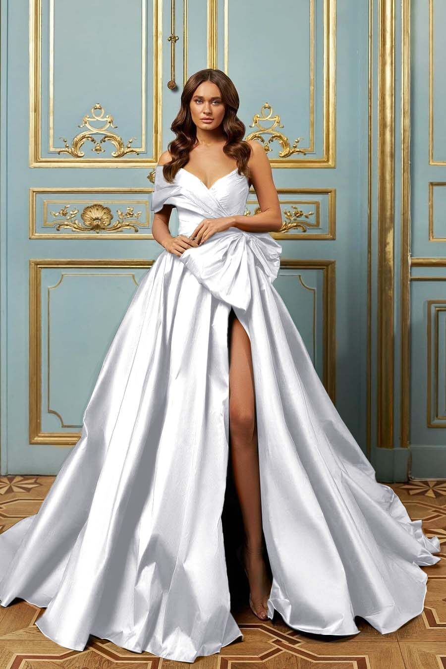 One Shoulder Sleeveless Long Split Evening Formal Dress With Pleated Bowknot