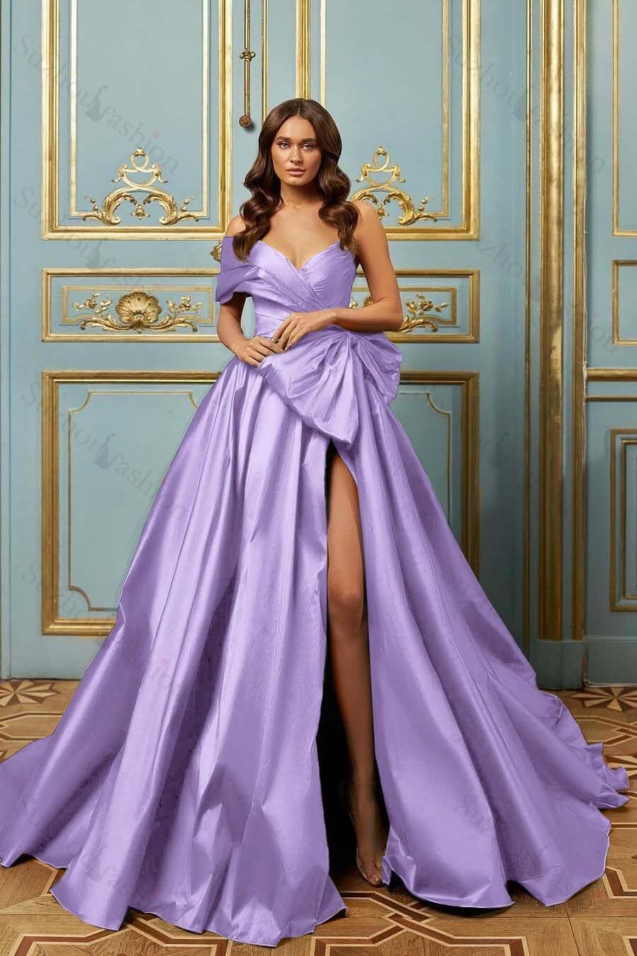 One Shoulder Sleeveless Long Split Evening Formal Dress With Pleated Bowknot