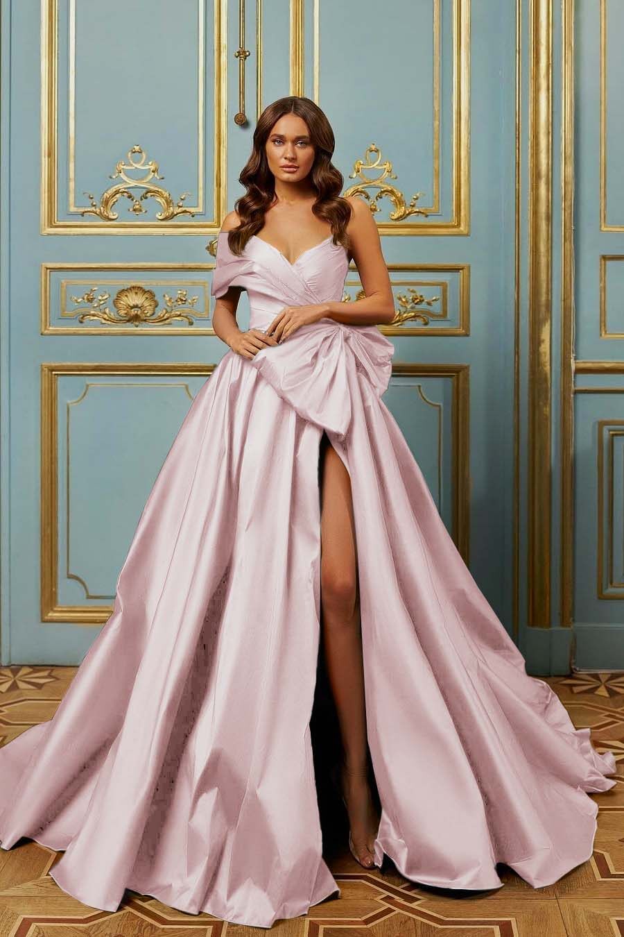 One Shoulder Sleeveless Long Split Evening Formal Dress With Pleated Bowknot
