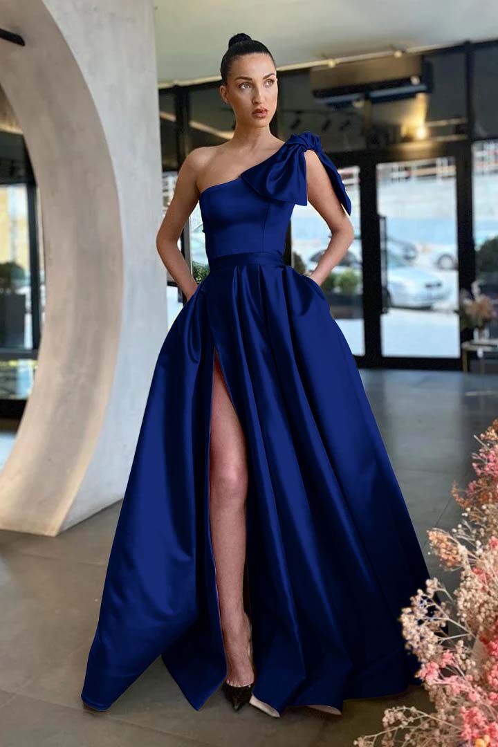 One Shoulder Sleeveless Long Split Evening Formal Dress With Pockets Pleated