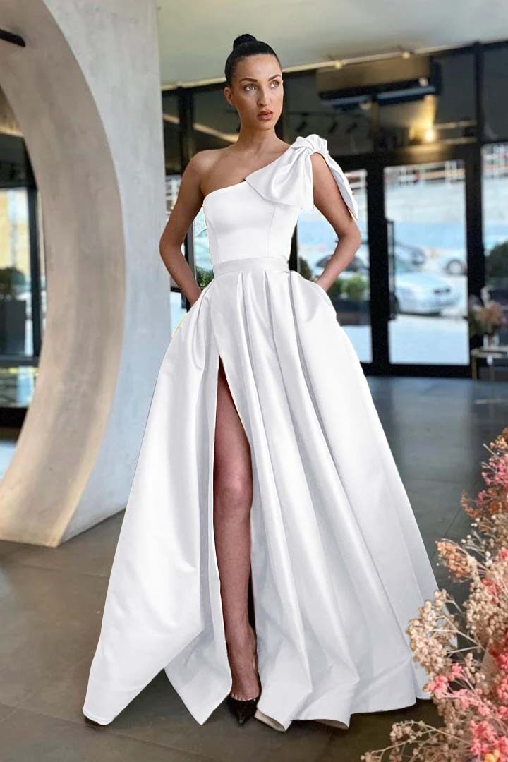 One Shoulder Sleeveless Long Split Evening Formal Dress With Pockets Pleated