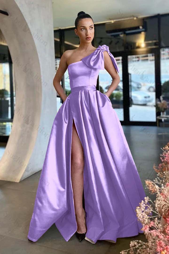 One Shoulder Sleeveless Long Split Evening Formal Dress With Pockets Pleated