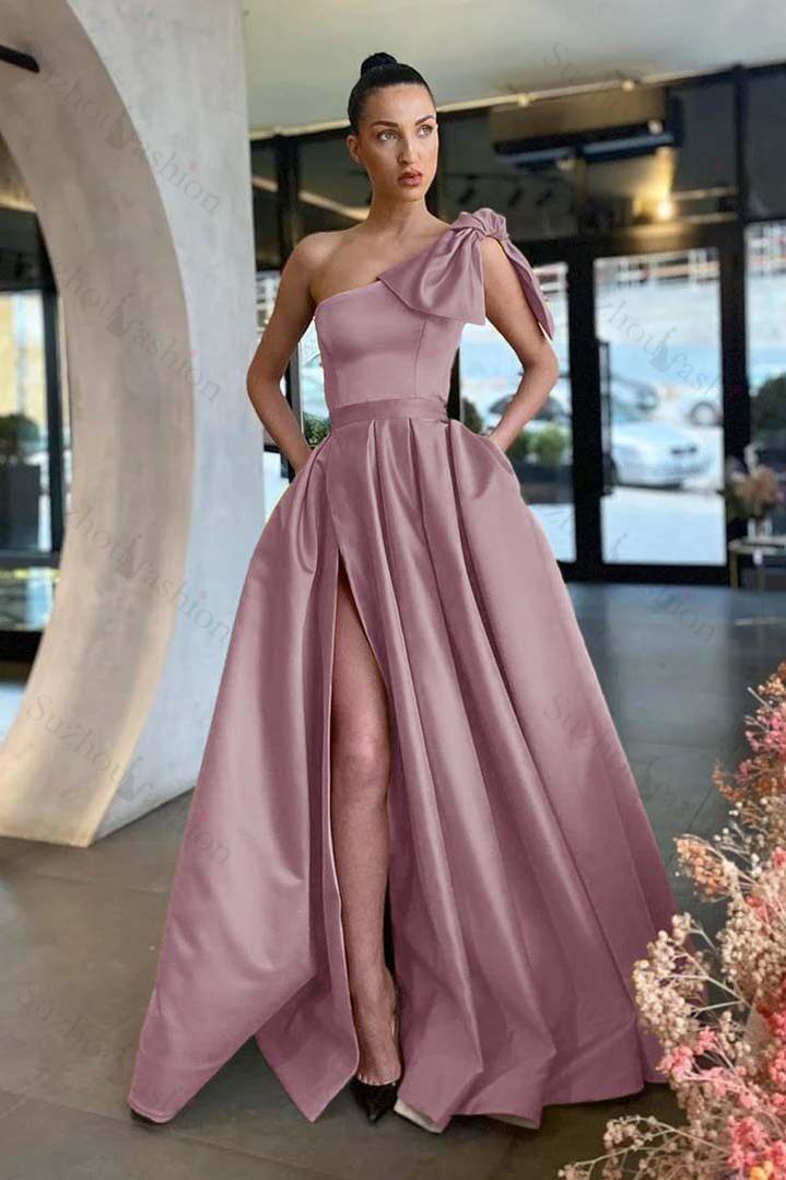 One Shoulder Sleeveless Long Split Evening Formal Dress With Pockets Pleated