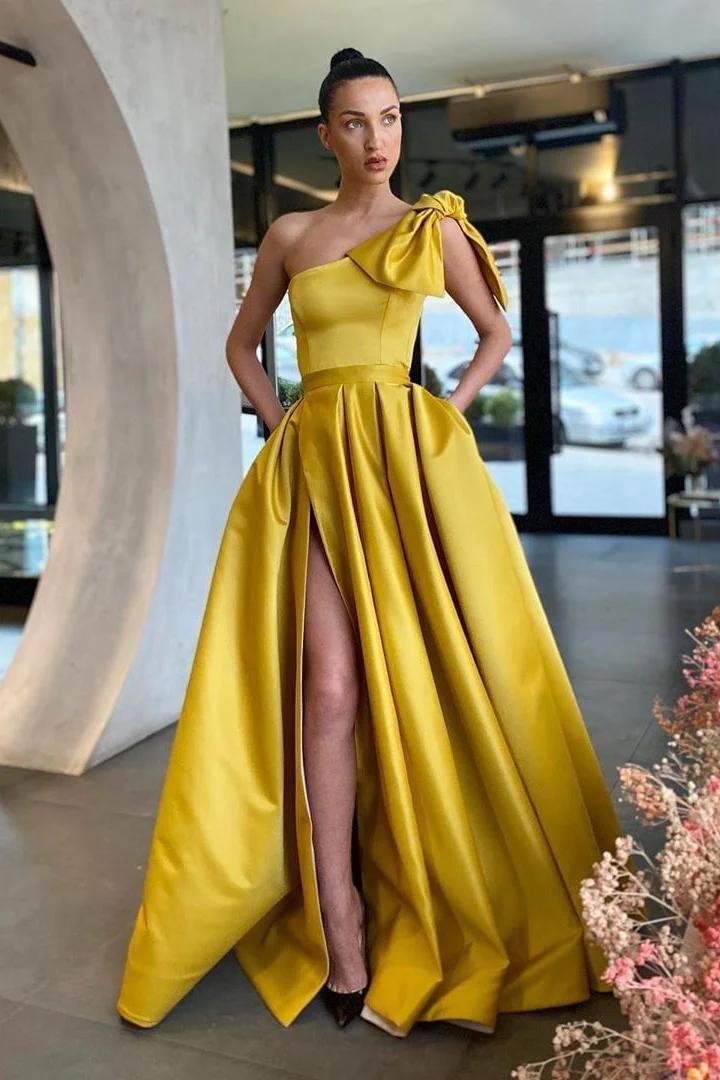One Shoulder Sleeveless Long Split Evening Formal Dress With Pockets Pleated