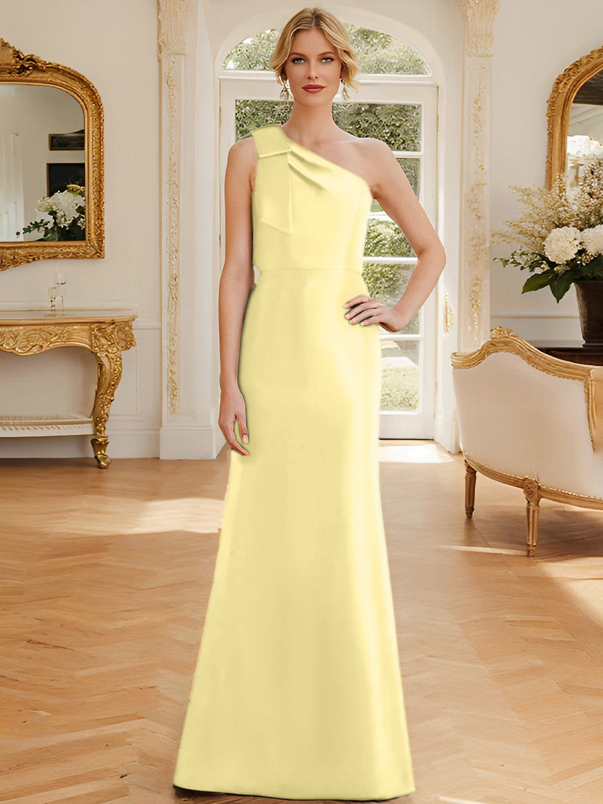 One Shoulder Sleeveless Satin Mother of the Bride Dress with Bowknot Sheath Column
