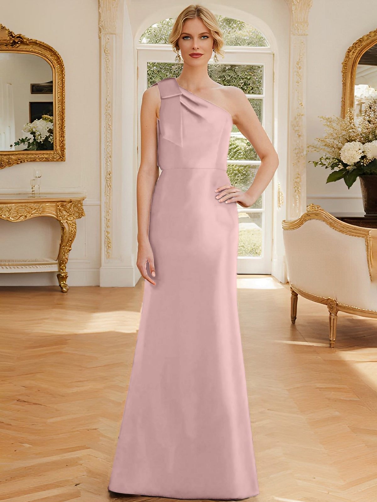 One Shoulder Sleeveless Satin Mother of the Bride Dress with Bowknot Sheath Column