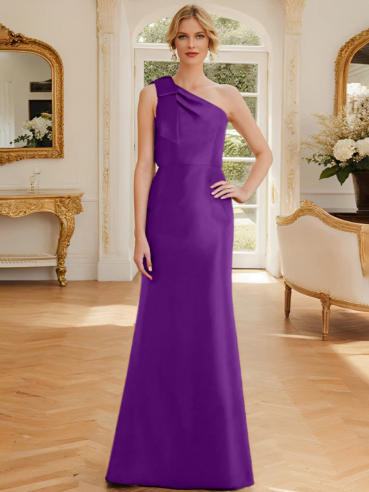One Shoulder Sleeveless Satin Mother of the Bride Dress with Bowknot Sheath Column