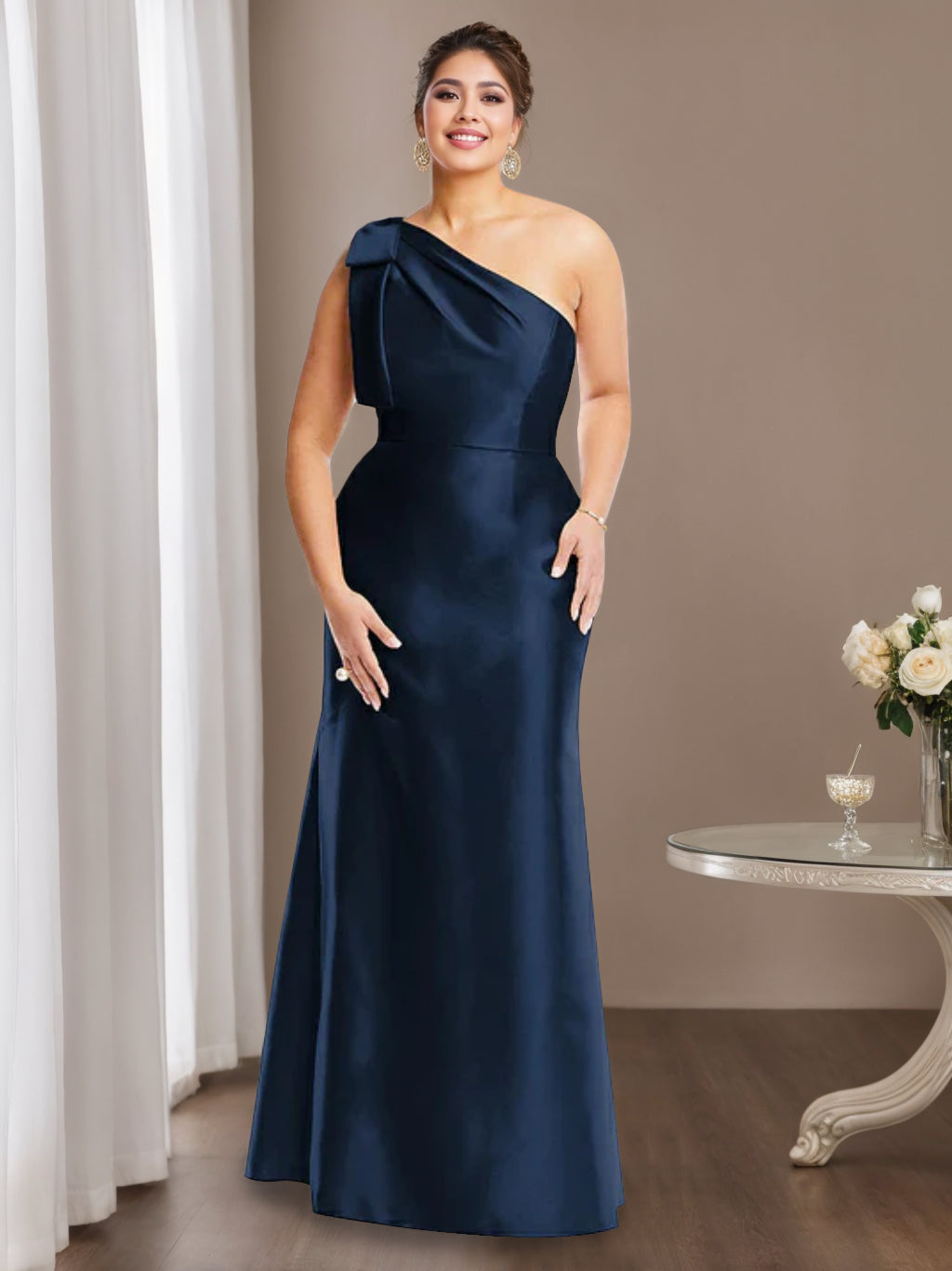 One Shoulder Sleeveless Satin Mother of the Bride Dress with Bowknot Sheath Column