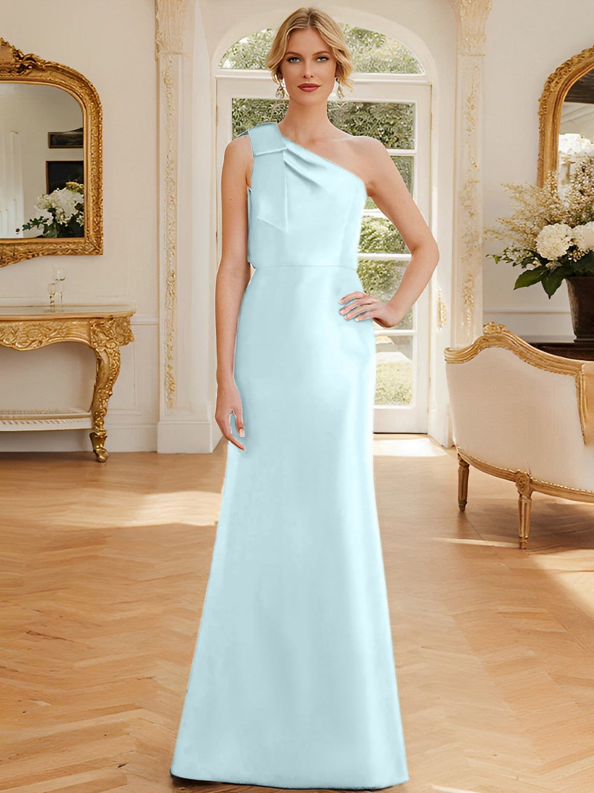 One Shoulder Sleeveless Satin Mother of the Bride Dress with Bowknot Sheath Column