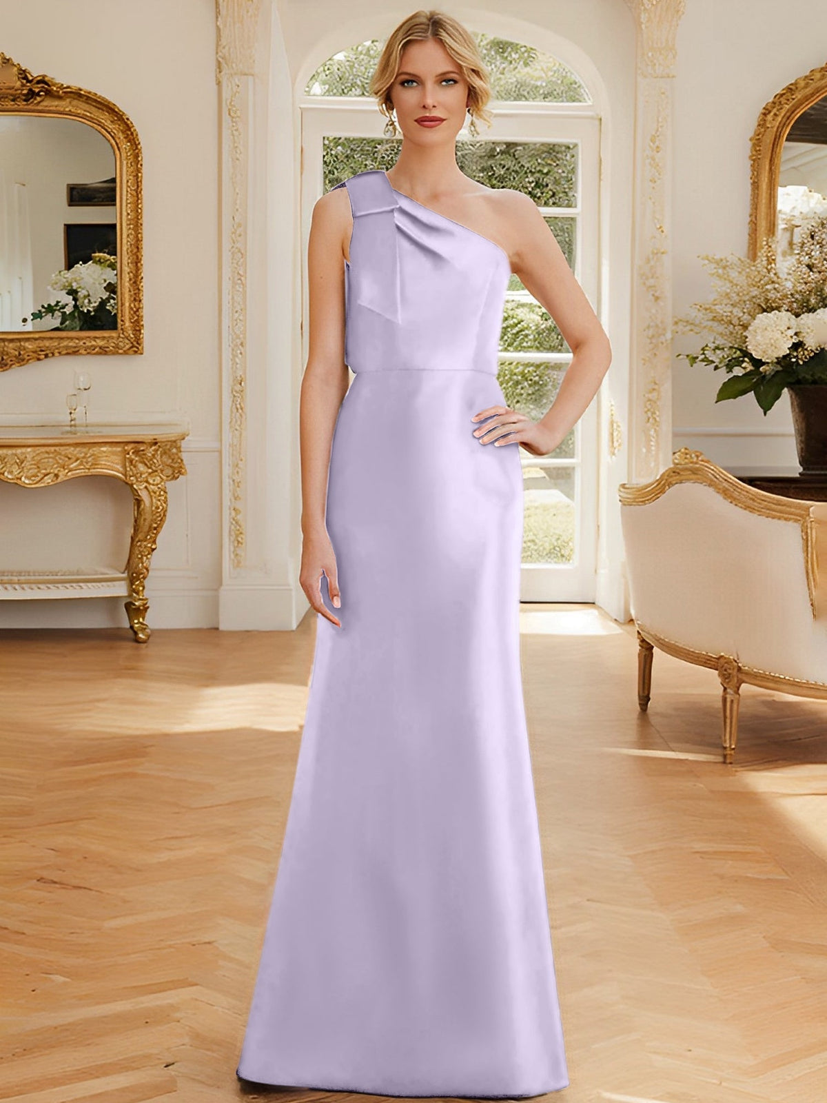 One Shoulder Sleeveless Satin Mother of the Bride Dress with Bowknot Sheath Column