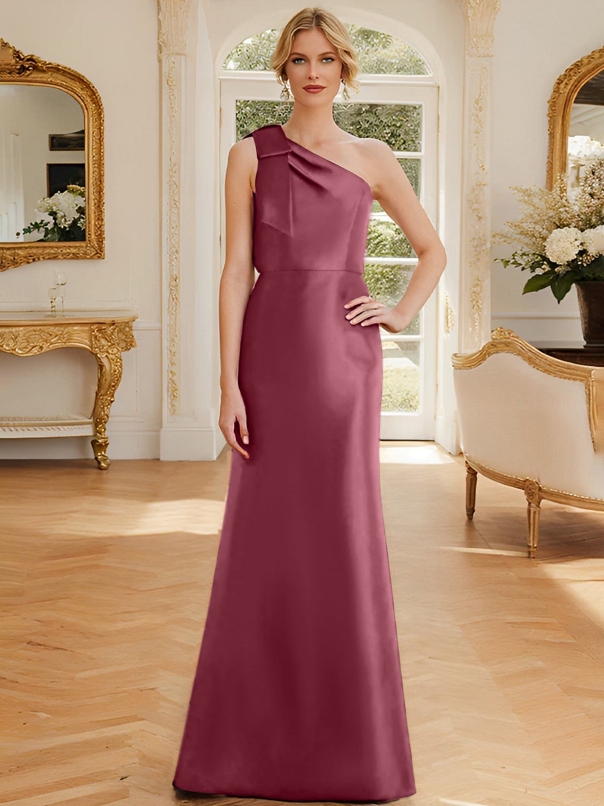 One Shoulder Sleeveless Satin Mother of the Bride Dress with Bowknot Sheath Column