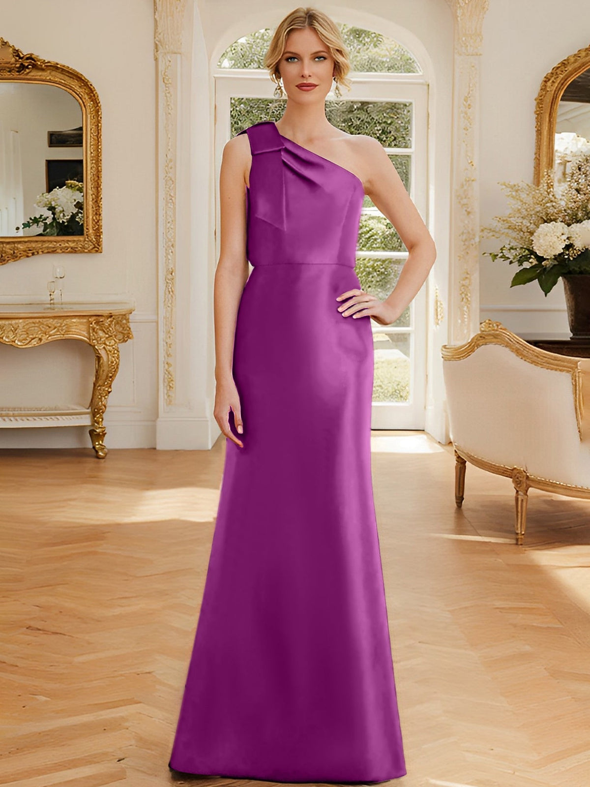 One Shoulder Sleeveless Satin Mother of the Bride Dress with Bowknot Sheath Column