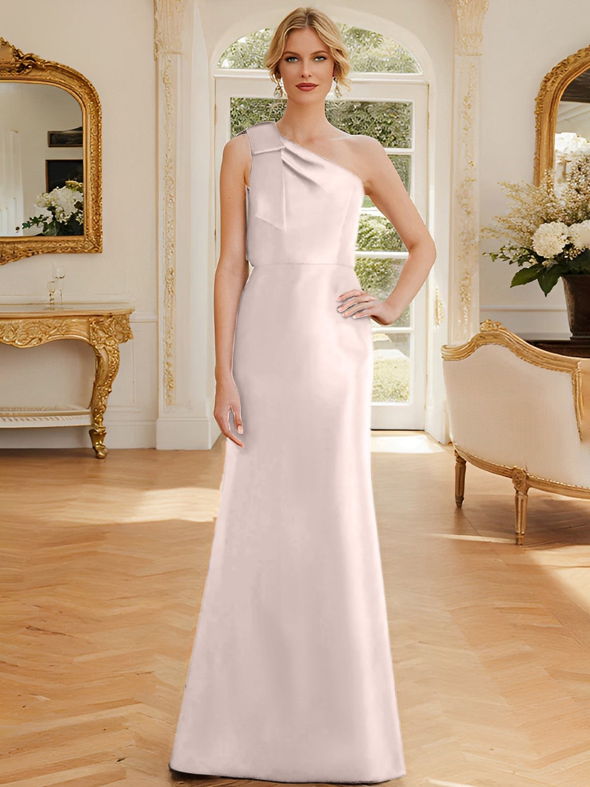 One Shoulder Sleeveless Satin Mother of the Bride Dress with Bowknot Sheath Column