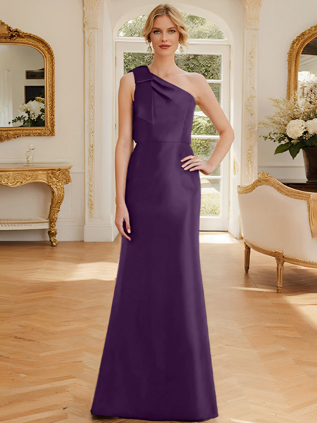 One Shoulder Sleeveless Satin Mother of the Bride Dress with Bowknot Sheath Column