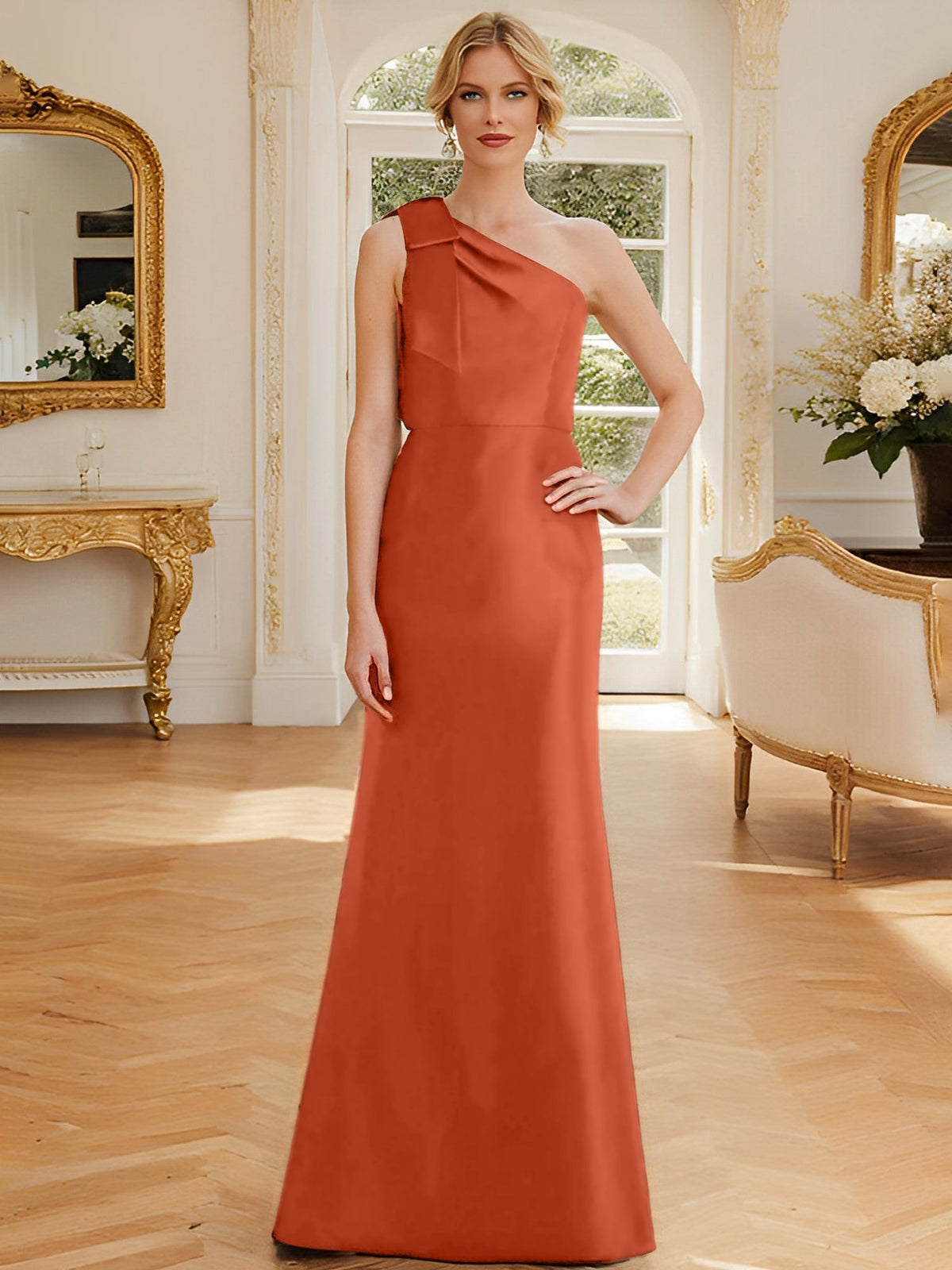 One Shoulder Sleeveless Satin Mother of the Bride Dress with Bowknot Sheath Column