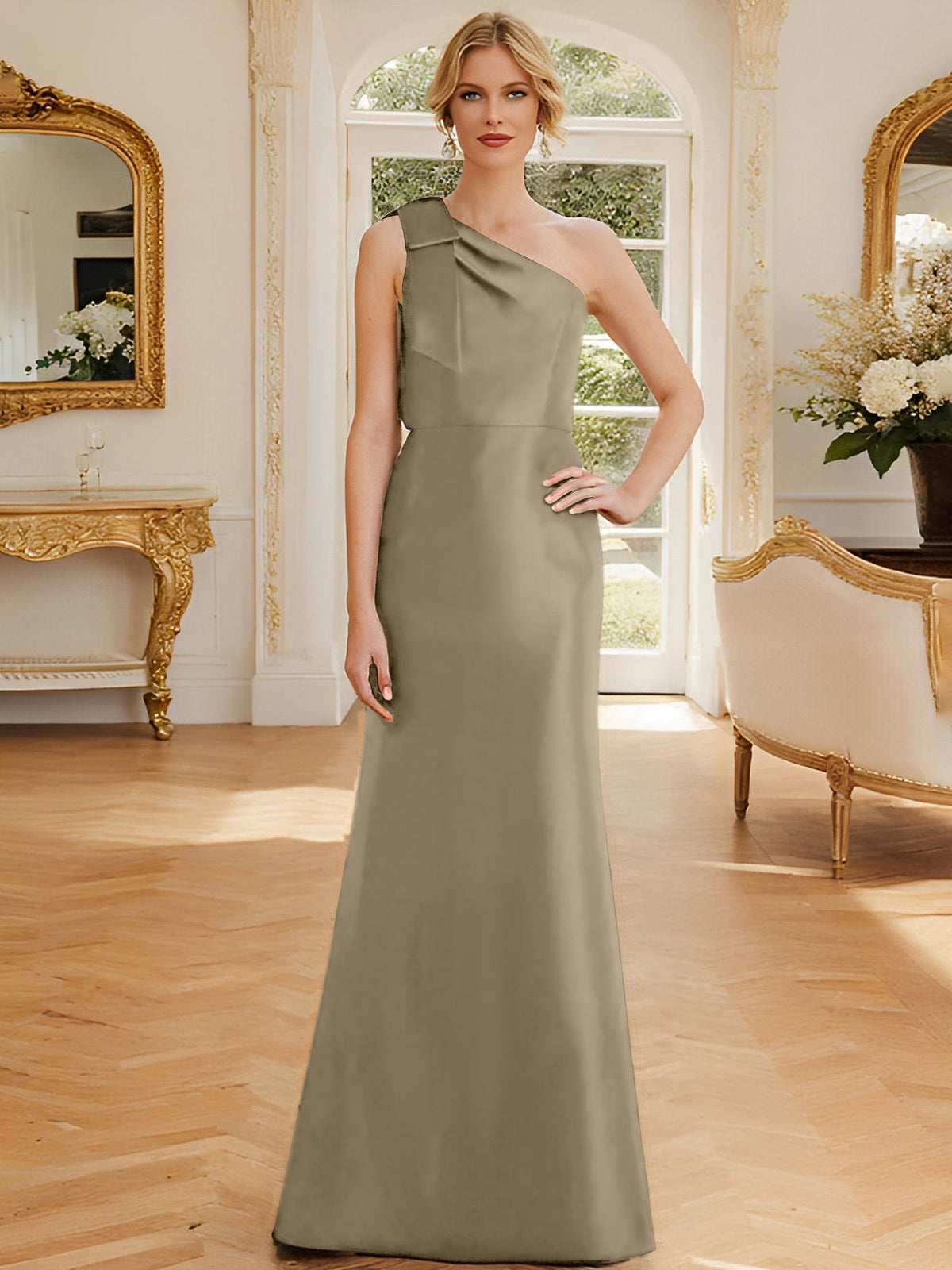 One Shoulder Sleeveless Satin Mother of the Bride Dress with Bowknot Sheath Column