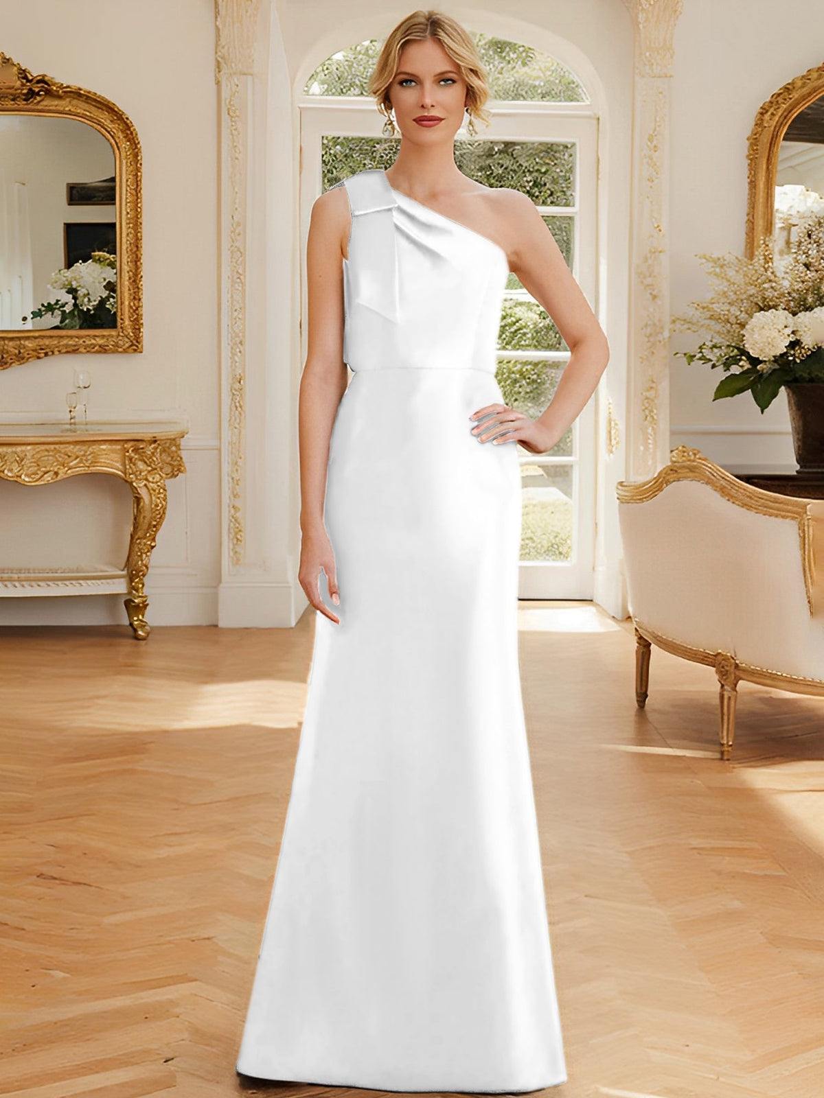 One Shoulder Sleeveless Satin Mother of the Bride Dress with Bowknot Sheath Column