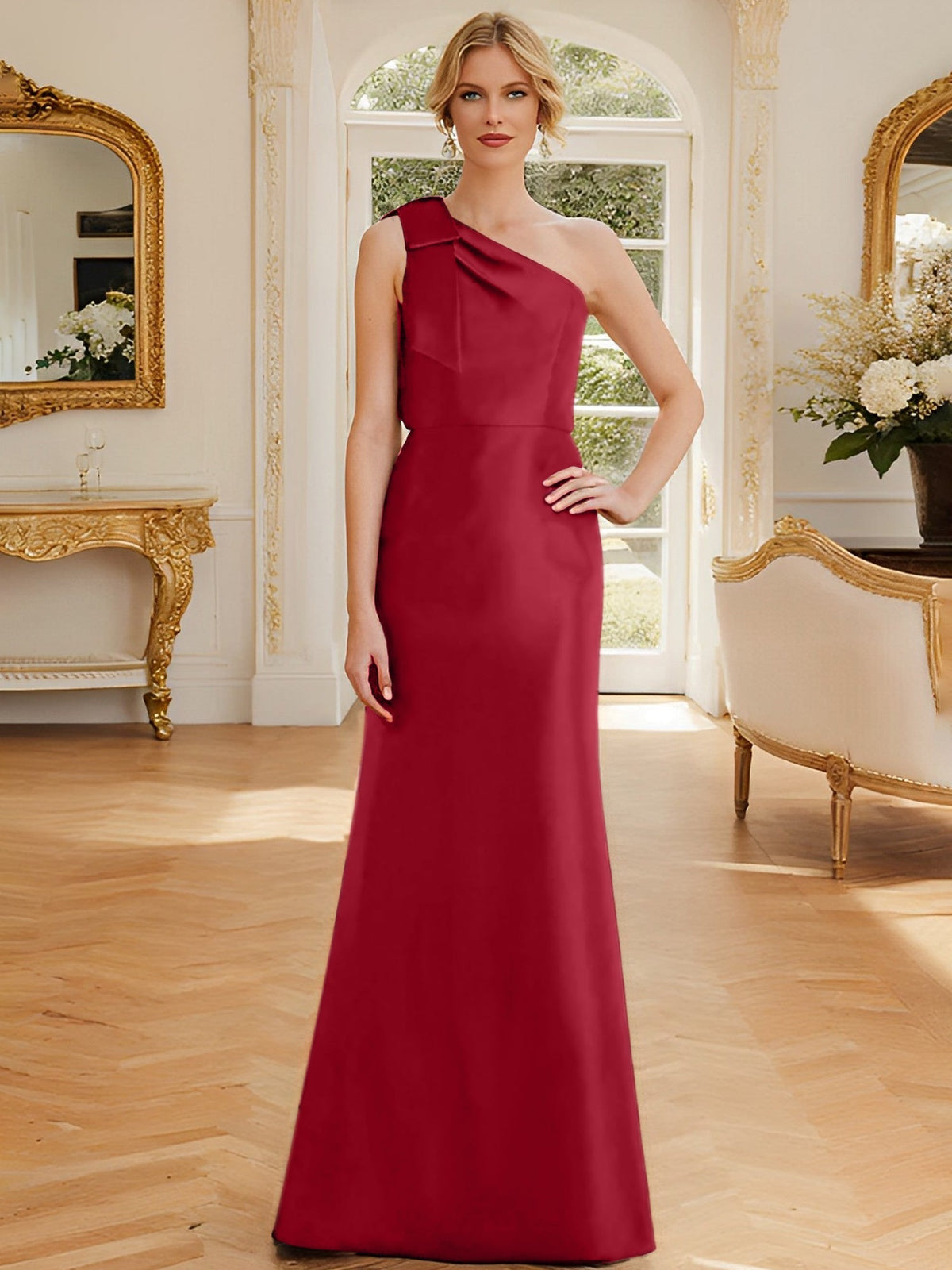 One Shoulder Sleeveless Satin Mother of the Bride Dress with Bowknot Sheath Column