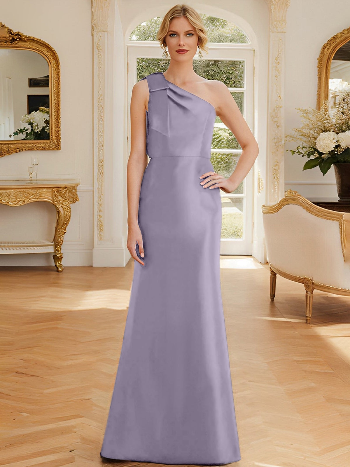 One Shoulder Sleeveless Satin Mother of the Bride Dress with Bowknot Sheath Column