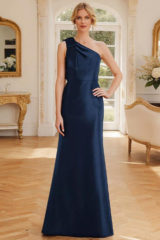 One Shoulder Sleeveless Satin Mother of the Bride Dress with Bowknot Sheath Column
