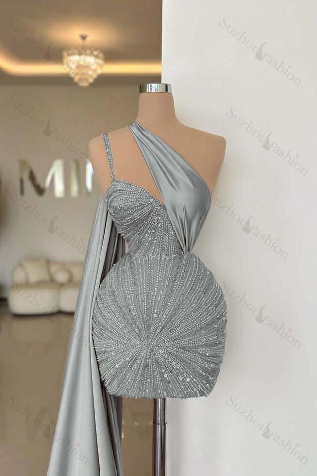 One Shoulder Sleeveless Short Homecoming Dress With Beading
