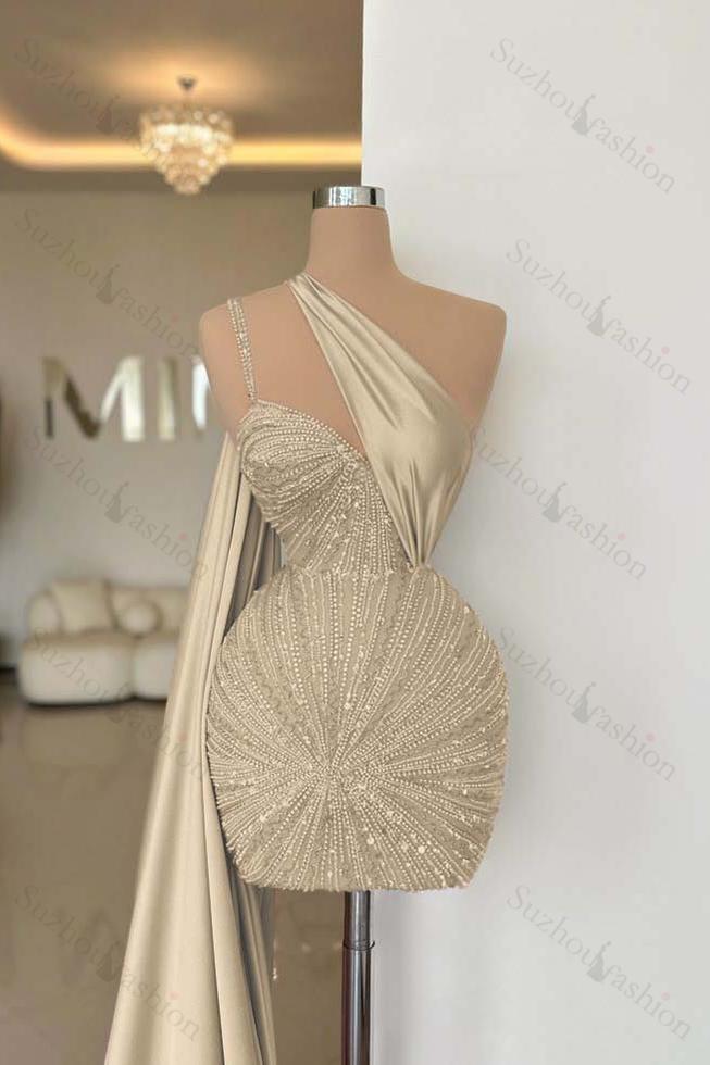 One Shoulder Sleeveless Short Homecoming Dress With Beading