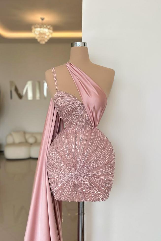 One Shoulder Sleeveless Short Homecoming Dress With Beading