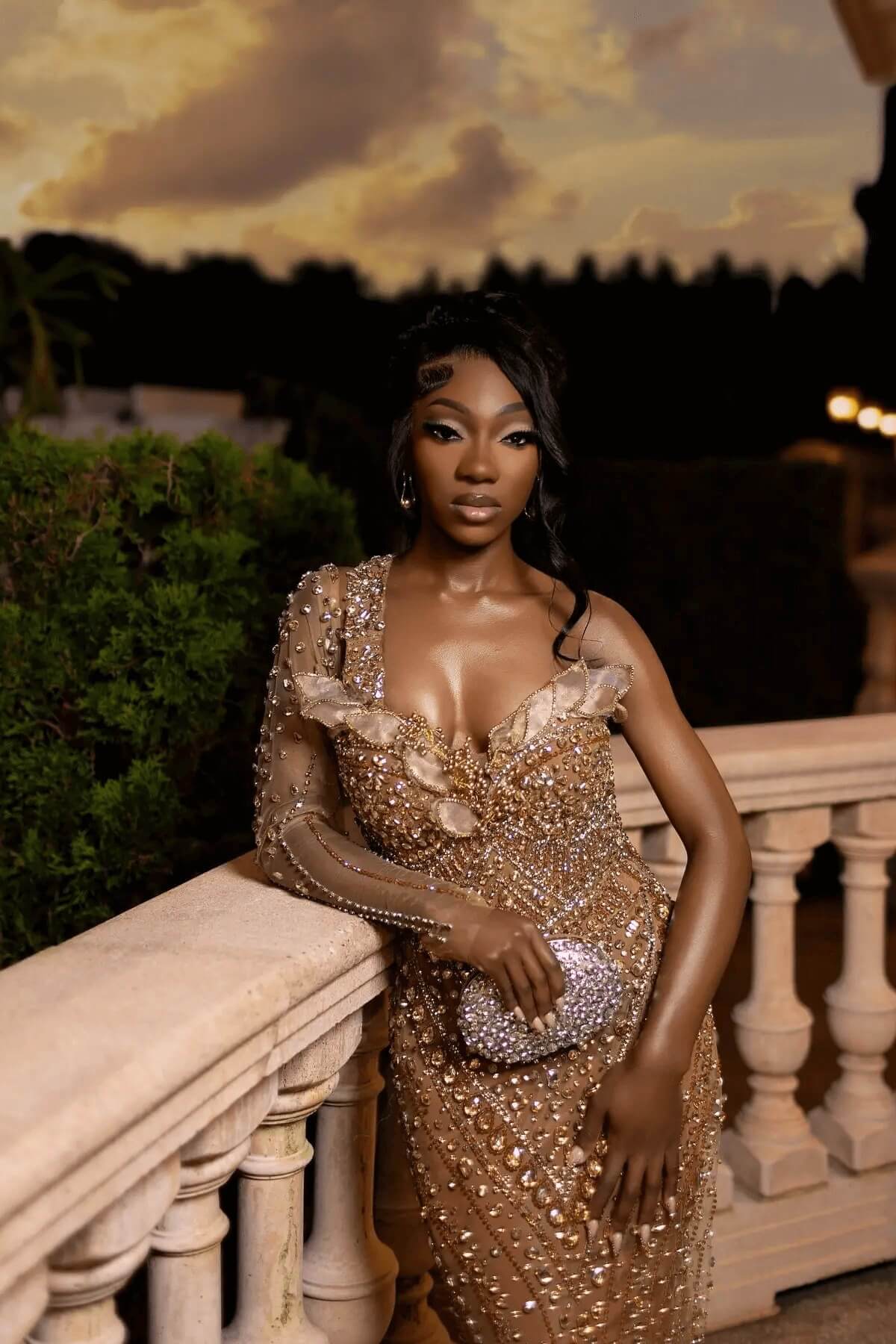 One Shoulder Long Sleeve Prom Dress Gold Beaded Formal Evening Dress