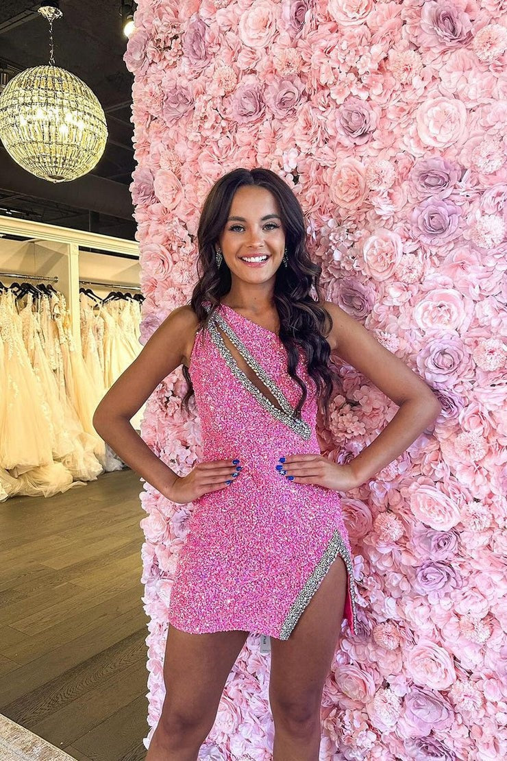Black One Shoulder Short Sequin Homecoming Dress With Beading and Slit