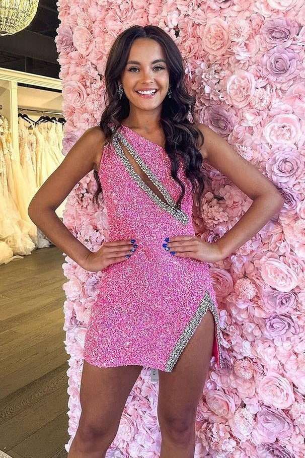 Black One Shoulder Short Sequin Homecoming Dress With Beading and Slit