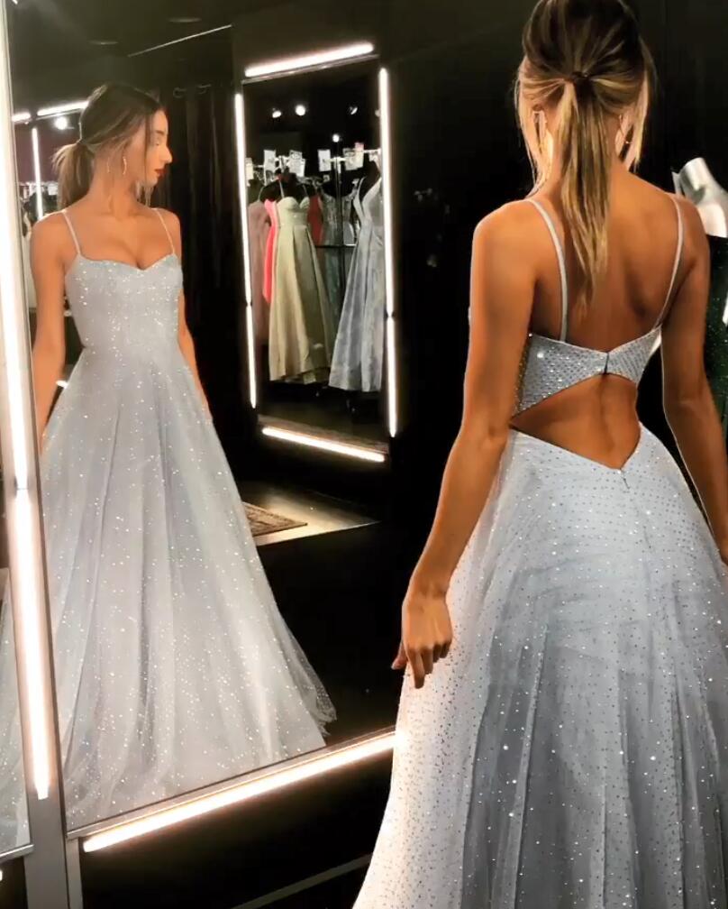 Open Back Prom Dress Spaghetti Strap Sequin Evening Gowns