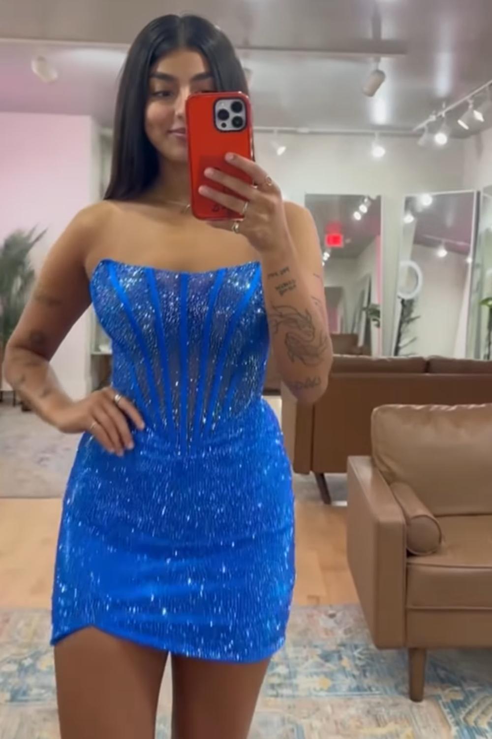 Orange Corset Tight Homecoming Dresses Beaded Strapless Short Cocktail Dresses