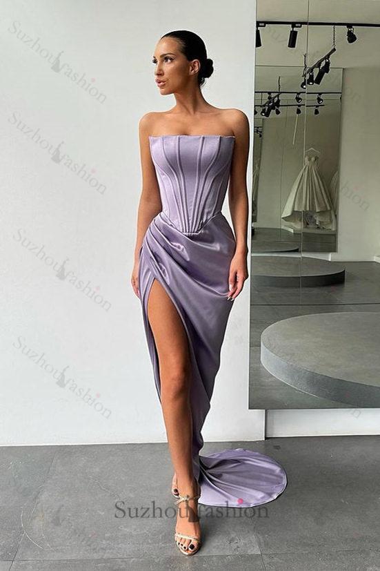 Orange High-split Strapless Pleats Evening Prom Dresses with court train