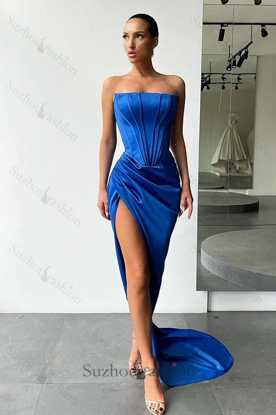 Orange High-split Strapless Pleats Evening Prom Dresses with court train