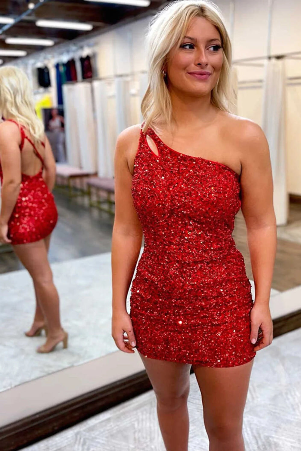 Orange Homecoming Dresses Open Back One Shoulder Sequin Tight Prom Dress