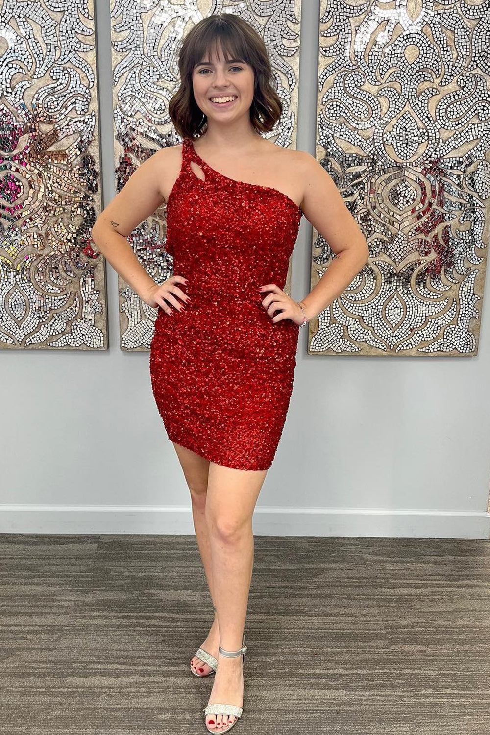 Orange Homecoming Dresses Open Back One Shoulder Sequin Tight Prom Dress