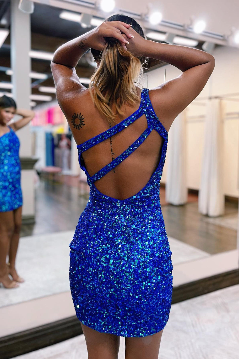 Orange Homecoming Dresses Open Back One Shoulder Sequin Tight Prom Dress