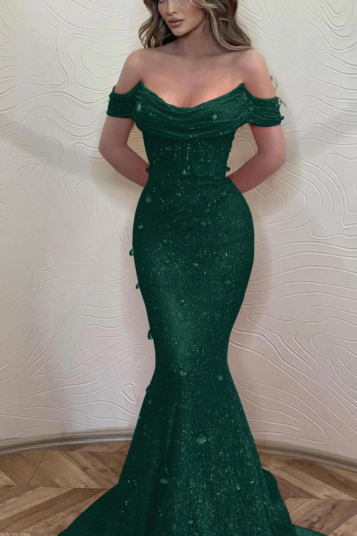 Orange Off the Shoulder Strapless Sleeveless Evening Formal Dress With Sequined Mermaid