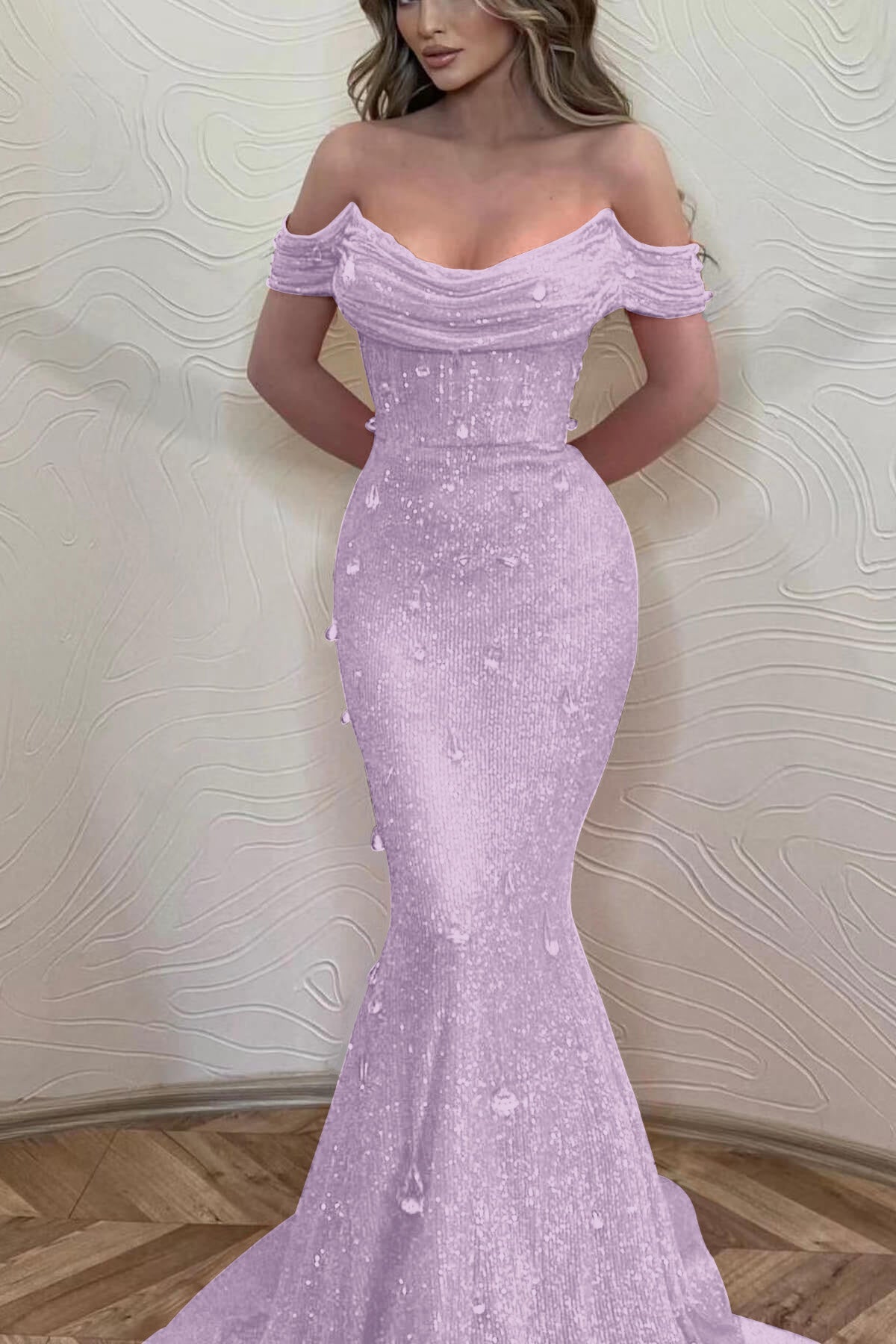 Orange Off the Shoulder Strapless Sleeveless Evening Formal Dress With Sequined Mermaid