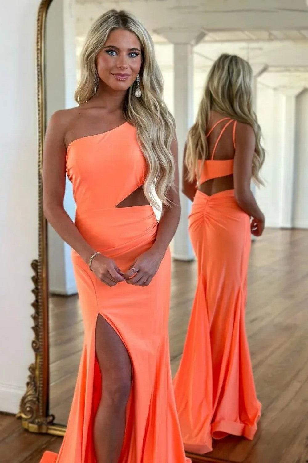 Suzhoufashion Orange One Shoulder Satin Mermaid Prom Dress With Cutout Waist And Slit Formal Evening Gown