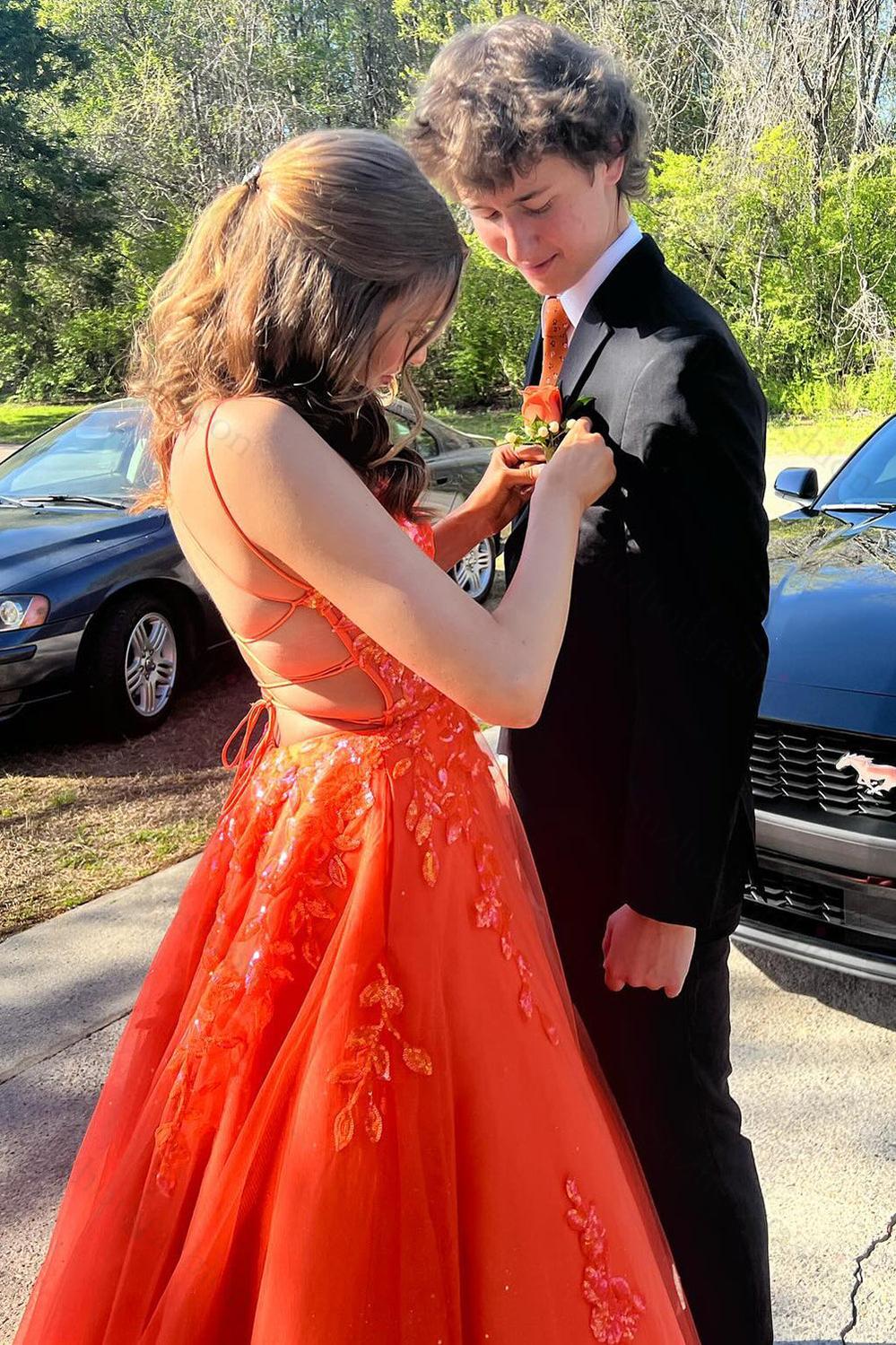 Orange Prom Dress Floral Corset A-Line Long Formal Dress